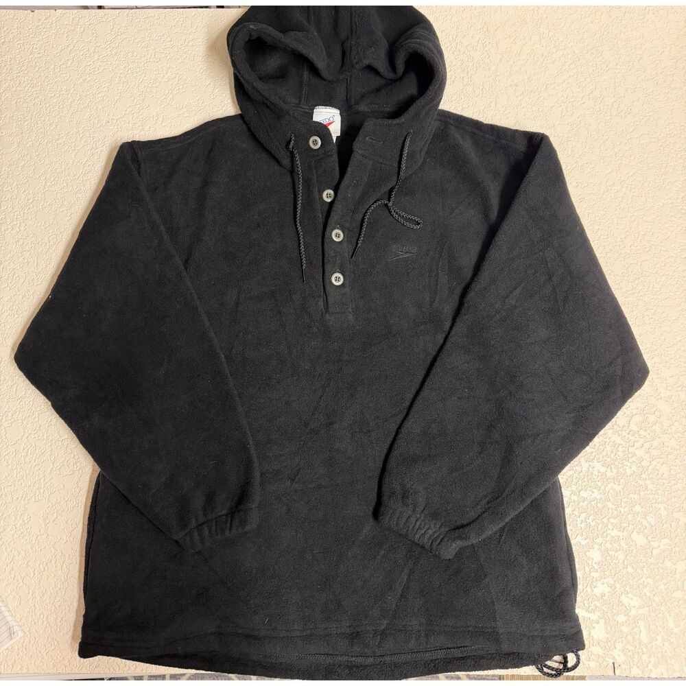 Vintage Speedo Black Fleece Hooded Pullover S/M Button Neck